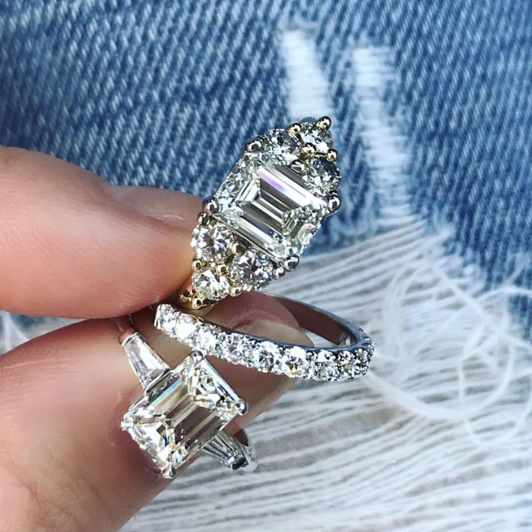 Emerald Cut Moissanite Engagement Ring Diamond Trinity Accents Bridal Ring  - MollyJewelryUS